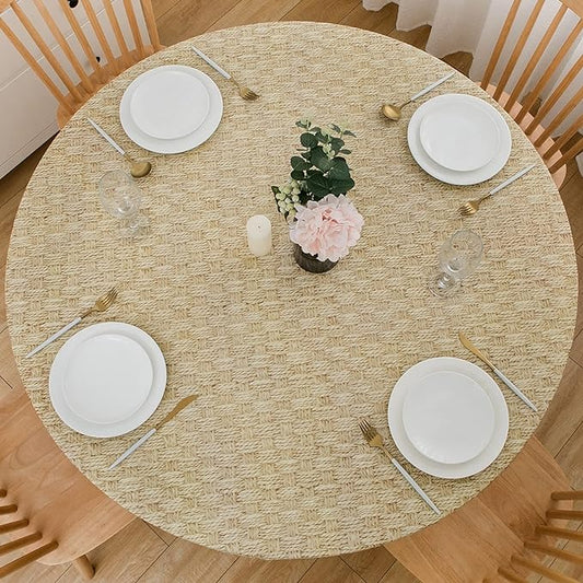 LIBERECOO Round Vinyl Fitted Tablecloth with Flannel Backing Elastic Edge Table Cover Waterproof Stain-Resistant Wipeable Tablecloths Fits 40-44" Round Tables