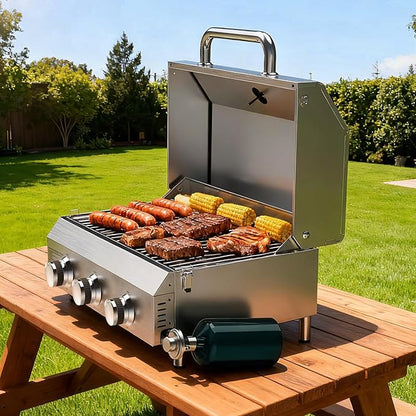 Llamaviva 3 Burner Gas Propane Grill with Dual Fuel Adapter,22500 BTU Stainless Steel Tabletop Portable Grill for Outdoor Barbecue Camping Cooking RV