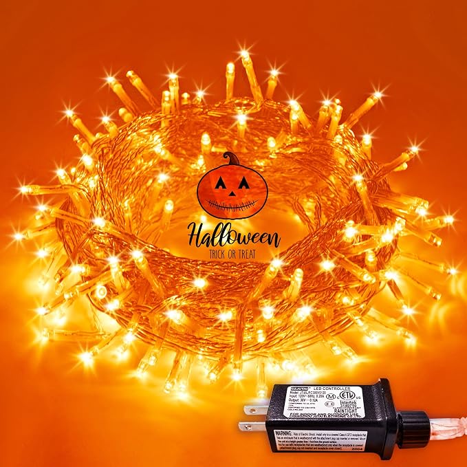 JMEXSUSS 200 LED Orange Halloween String Lights Outdoor Indoor Plug in | Connectable Orange Christmas Lights Clear Wire, Fall Light for Fireplace Tree Garden Patio Thanksgiving Fall Halloween Decor
