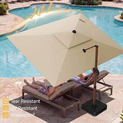 10x13 FT Wood Pattern Patio Umbrella with Base, Large Deluxe Cantilever Rectangular Double Top Heavy Duty Offset Umbrellas with 360° Rotation, Outdoor shade for Garden Pool Patio, Beige