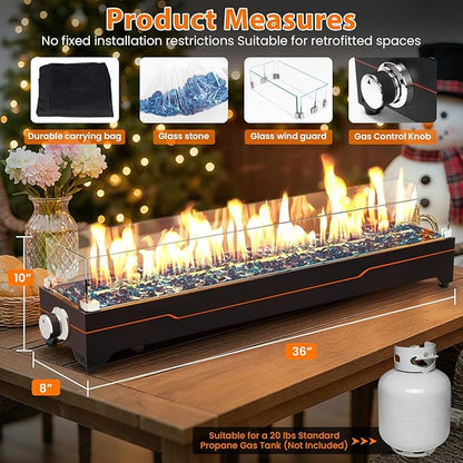 GRISUN Tabletop Fire Pit,36 Inch Propane Fire Pit Table,50000 BTU Table Top Firepit with Glass Wind Guard,Stainless Steel Burner,Fire Glass,Portable Propane fire Pit for Patio, Camping, Backyard & RV