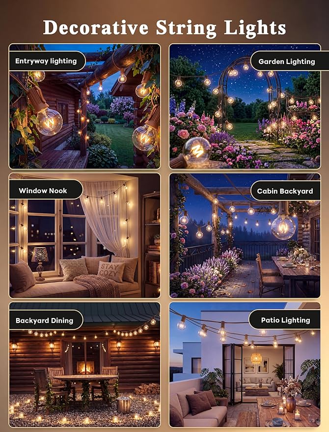 Abeja 50Ft Outdoor Patio String Lights with 53 Clear Globe G40 Bulbs,UL Certified for Patio Porch Backyard Deck Bistro Gazebos Pergolas Balcony Wedding Gathering Parties Markets Decor, Brown Wire