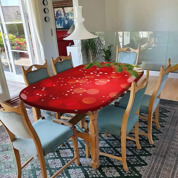 Christmas Tree Fitted Table Cover, Red Ball and Snowflakes Pattern Print Oval Tablecloths, Polyester Elastic Cloths for Family Banquet Patio Use, 48x68 Inch Tables