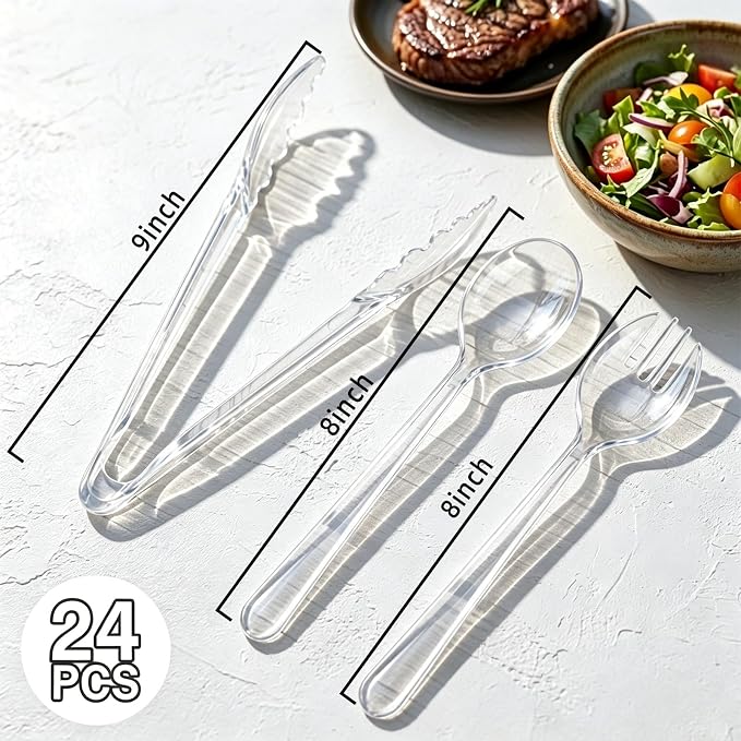 24 Pcs Clear Plastic Serving Utensils Set, Elegant Disposable Serving Spoons & Forks, Heavy Duty Party Tableware for Wedding, Birthday Party, Baby Shower, Buffet, Catering & Special Events