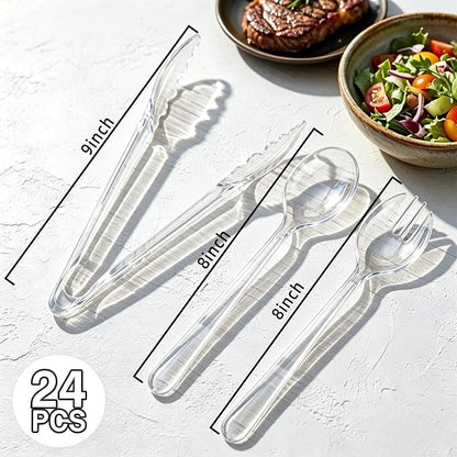 24 Pcs Clear Plastic Serving Utensils Set, Elegant Disposable Serving Spoons & Forks, Heavy Duty Party Tableware for Wedding, Birthday Party, Baby Shower, Buffet, Catering & Special Events