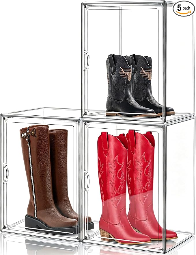 5 Pack Clear Tall Boot Storage Box, Organizer for Ankle Boots and Booties | Fits Men/Women Shoe's Size 15.Designed for ankle boots,short fashion boots.Clear stackable storage with dustproof protection