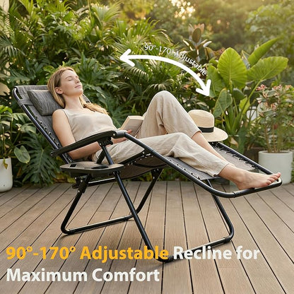 NEWBULIG Zero Gravity Chairs Set of 4, Folding Lounge Recliner Chair | Portable Lawn Camping Recliner with Adjustable Pollow, Mesh Back, Cup Holder Trays for Pool Beach Patio, Ash