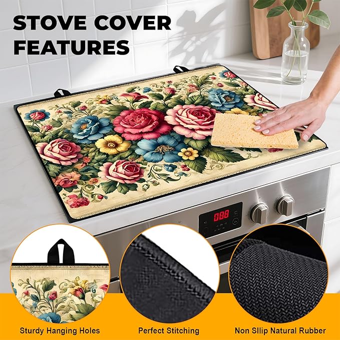 Peony Flower Stove Top Cover Retro Flower Gas Stove Top Cover for Home Decoration Kitchen Pad Non-Stick Washable Cooktop Covers Countertop Protector Keep Stove Clean 28"x20"