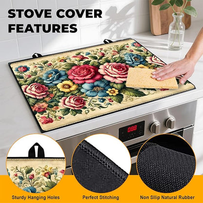 Peony Flower Stove Top Cover Retro Flower Gas Stove Top Cover for Home Decoration Kitchen Pad Non-Stick Washable Cooktop Covers Countertop Protector Keep Stove Clean 28"x20"