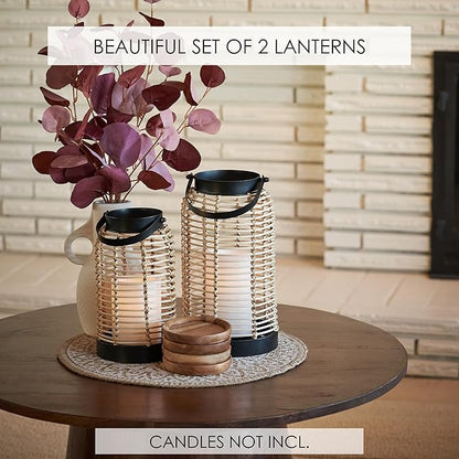 Natural Rattan Boho Lanterns - Handcrafted Chic Decor to Enhance Your Home - Modern Farmhouse Beauty Perfect for Any Living Room, Patio & Porch, Indoor and Outdoor Coffee Table or Kitchen Dining Table