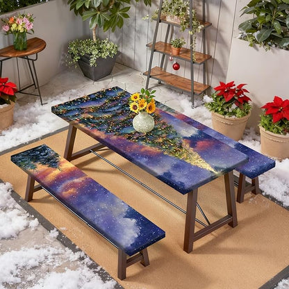 Christmas Picnic Table Cover with Bench Cover, Outdoor Picnic Table Elastic Tablecloth, Green Santa Claus and Reindeer Design, Camping, Barbecue and Holiday Party Tablecloth