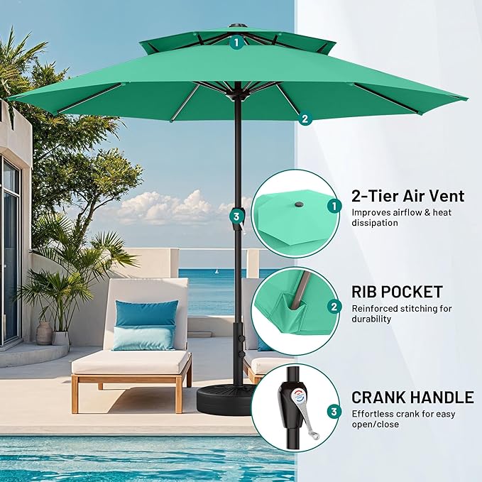 AreShark 12ft 2 Tiers Patio Umbrella - Outdoor Umbrella Waterproof UV Protection, Market Table Umbrella w/ 8 Sturdy Ribs&Crank for Pool, Porch, Garden(Turquoise)