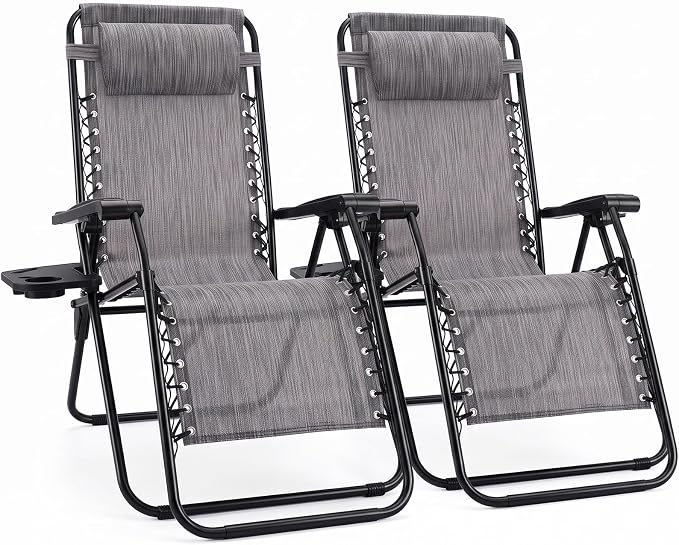 Sweetcrispy Zero Gravity Chairs, Set of 2 Portable Recliner Beach Camping Patio Outdoor Folding Lounge Chair with Cup Holder Trays and Adjustable Pillow for Poolside, Garden, Backyard, Lawn, Grey
