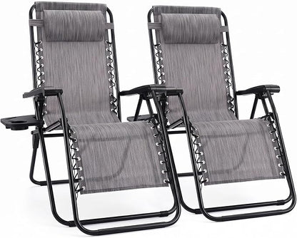 Sweetcrispy Zero Gravity Chairs, Set of 2 Portable Recliner Beach Camping Patio Outdoor Folding Lounge Chair with Cup Holder Trays and Adjustable Pillow for Poolside, Garden, Backyard, Lawn, Grey
