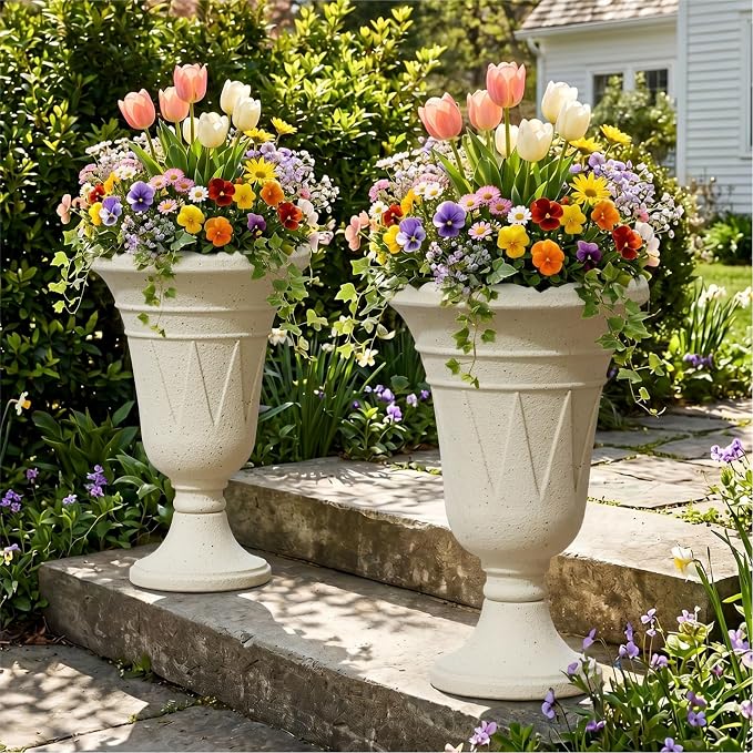 24" Tall Urn Planters for Outdoor Plants, Urns and Pedestal, Beige | Resin HDPE Weather-Resistant Material, Vintage Trophy Design Outdoor Planters with Drainage Holes, Flower Pot/Vase/Porch Door