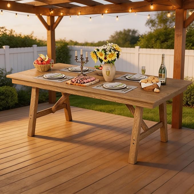 Outdoor Dining Table 6 Person, Rectangle HDPE Patio Table with 2.1" Umbrella Hole, Triangular Legs, Weatherproof Heavy Duty Backyard Furniture for Garden, Deck, Poolside, Easy Assembly (Natural)