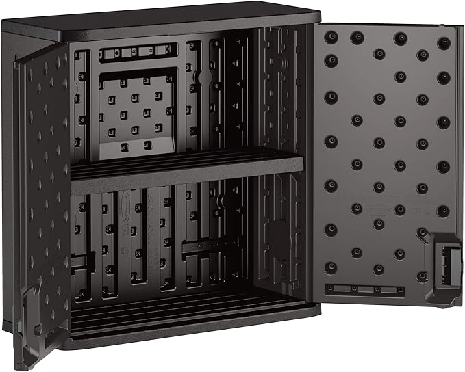 Suncast Commercial 4 Cubic Ft. Heavy-Duty Resin Wall Cabinet with Adjustable Metal-Reinforced Shelf, and Lockable Handles for Indoor and Outdoor Storage, Black, Made in the USA