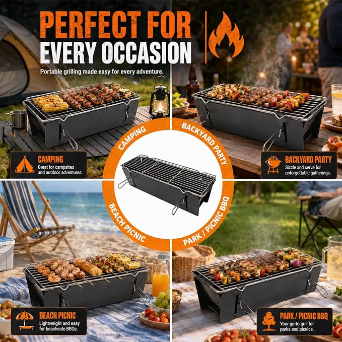 Portable Charcoal BBQ Grill, Small Foldable Camping Barbecue | Serves 2–4, Full‑Grate Cooking Coverage, 3‑Second Setup, with Carry Bag, Ideal for Outdoor Cooking, Tailgating & Backyard