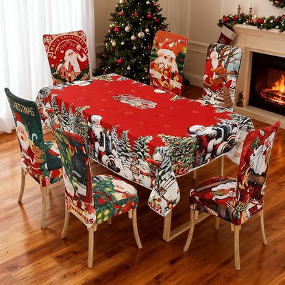 7 Pcs Christmas Tablecloth and Chair Covers Set Stretchable Washable Red Santa Holiday Table Cover and Seat Protector Slipcovers for Xmas Dining Room Kitchen Party (Rectangle,80 x 55 Inch)