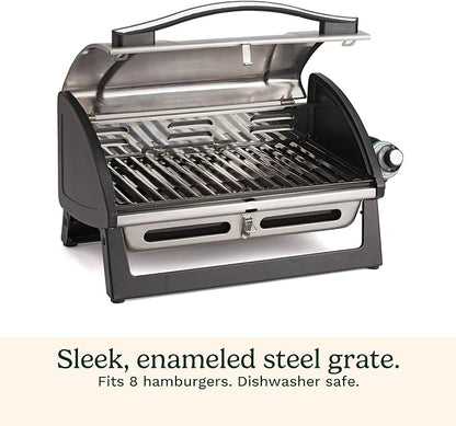 Cuisinart Grillster Portable Gas Grill, Stainless Steel Compact BBQ Grill with Locking Lid for Easy Transport, 8000 BTU Propane Grill with Dishwasher Safe Cooking Grate, Small Grill for Camping & BBQ