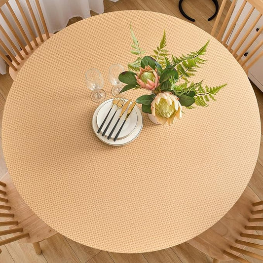 LIBERECOO Round Fitted Tablecloth with Elastic, Waterproof Vinyl with Flannel Backing, Plain Weaves Pattern Wipeable Plastic Table Cloth for Kitchen and Dining Room, Fits 57"-65" Round
