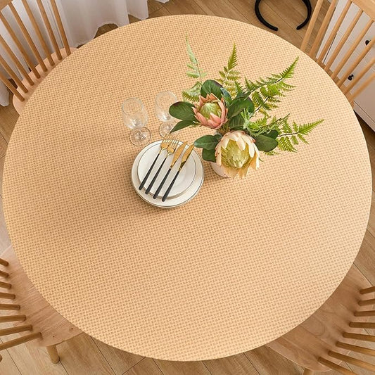 LIBERECOO Round Fitted Tablecloth with Elastic, Waterproof Vinyl with Flannel Backing, Plain Weaves Pattern Wipeable Plastic Table Cloth for Kitchen and Dining Room, Fits 40"-44" Round Table