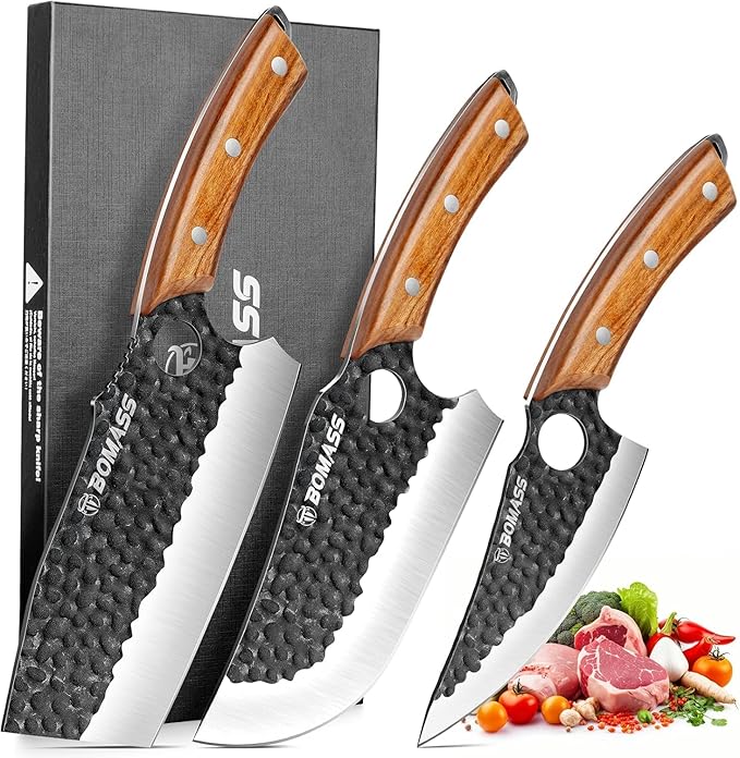 Butcher Knife for Cutting Set of 3, Hand Forged Meat Cleaver Knife for Cooking, High Carbon Kitchen Knife & Serbian Chef Knife & Boning Knife for Home, Outdoor Camping, BBQ, Gift for Men