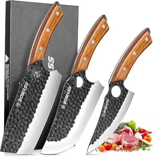 Butcher Knife for Cutting Set of 3, Hand Forged Meat Cleaver Knife for Cooking, High Carbon Kitchen Knife & Serbian Chef Knife & Boning Knife for Home, Outdoor Camping, BBQ, Gift for Men