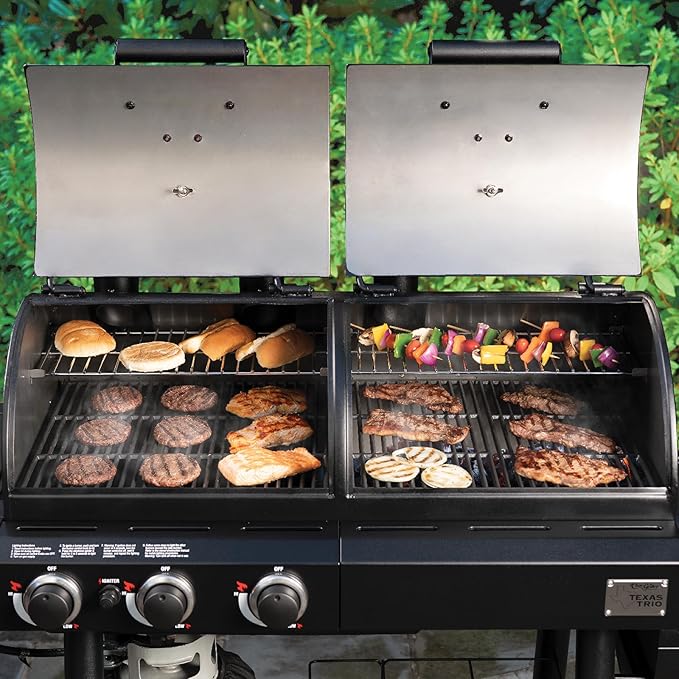 Char-Griller® Texas Trio 3-Burner Gas & Charcoal Grill and Smoker, Push Button to Ignite, Dual temperature Guages, Side Burner, Includes Side Firebox, 1,390 Cooking Square Inches, Black, Model# 3070