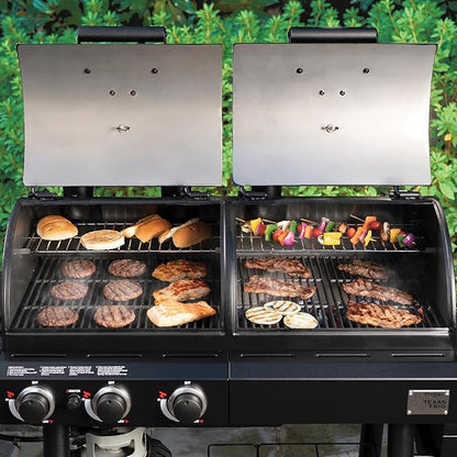 Char-Griller® Texas Trio 3-Burner Gas & Charcoal Grill and Smoker, Push Button to Ignite, Dual temperature Guages, Side Burner, Includes Side Firebox, 1,390 Cooking Square Inches, Black, Model# 3070