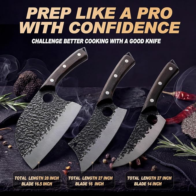 Butcher Knife Set 3PCS, Hand Forged Serbian Chef Knife & Meat Cleaver & Viking Knife, Food Cutting Kitchen Knife for Home, Outdoor Cooking, Camping BBQ Gift for Men