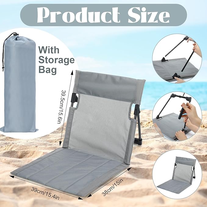 Karenhi 4 Pcs Foldable Poolside Beach Chairs for Edge of Pool Portable Beach Chairs Folding Pool Seats with Back Support Carry Bag for Adults Traveling Camping Picnic Lawn (Light Gray)