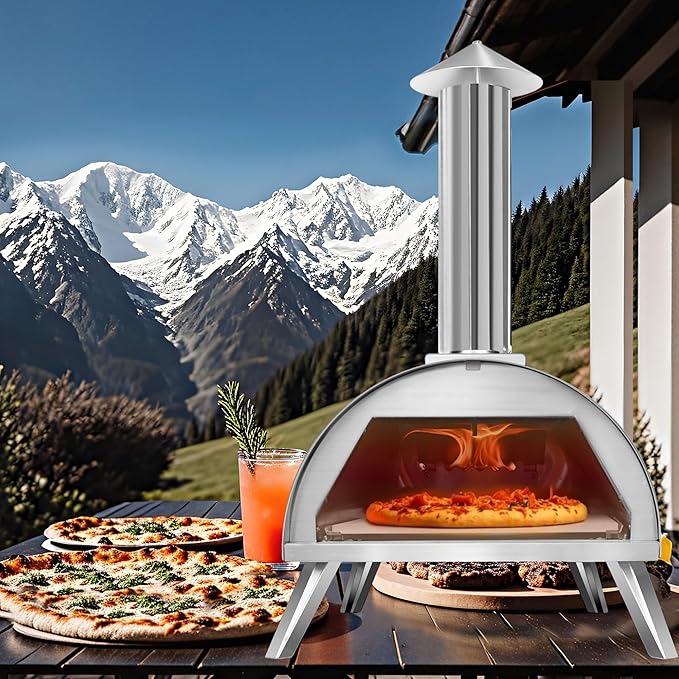 12" Wood Pellet Pizza Oven – Portable Stainless Steel Outdoor Pizza Maker with Built-In Thermometer, Foldable Legs, Carry Handle & Cordierite Pizza Stone for Backyard, Patio & Camping