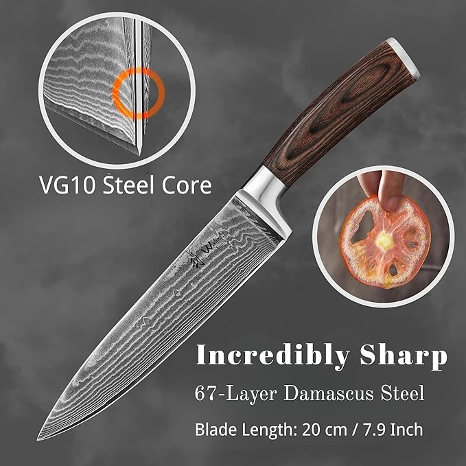 Wakoli EDIB Damascus Chef Knife – 7.9-Inch Japanese-Style Kitchen Knife, 67-Layer Damascus Steel Blade with VG10 Core, Ergonomic Pakkawood Handle – Professional Cooking Knife in Elegant Gift Box