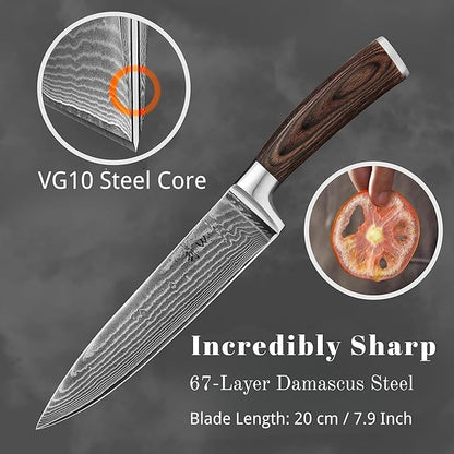 Wakoli EDIB Damascus Chef Knife – 7.9-Inch Japanese-Style Kitchen Knife, 67-Layer Damascus Steel Blade with VG10 Core, Ergonomic Pakkawood Handle – Professional Cooking Knife in Elegant Gift Box