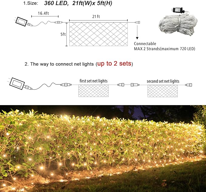 Lovelite 360 LED Net Lights, 21ft x 5ft Christmas Mesh Lights Clear Wire 8 Modes, Waterproof Connectable String Light Plug in for Xmas Tree Bushes Garden Outdoor Party Decorations - Warm White