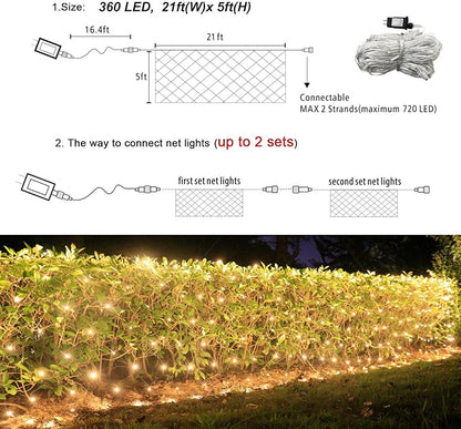Lovelite 360 LED Net Lights, 21ft x 5ft Christmas Mesh Lights Clear Wire 8 Modes, Waterproof Connectable String Light Plug in for Xmas Tree Bushes Garden Outdoor Party Decorations - Warm White
