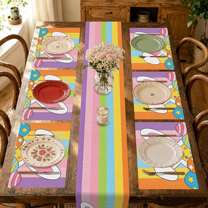 Nuxovilar Set of 7 Easter Table Runner & Placemats | Rainbow Easter bunny and egg design linen placemat set. Festive dining accessories for spring gatherings.