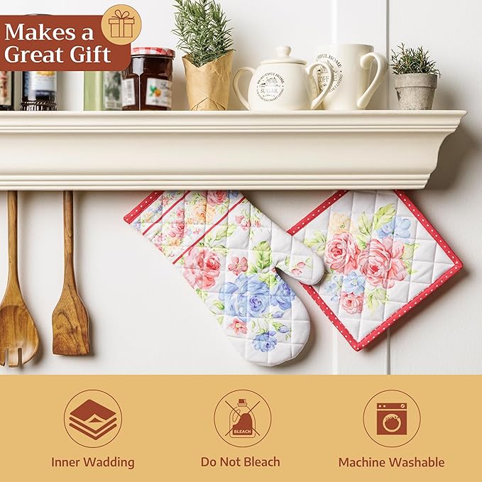 Maison d'Hermine Oven Gloves 100% Cotton Oven Mitt 7" x 13" with Loop Heat Resistant BBQ Cooking Gloves Baking Grilling Kitchen Hotel Home Farmhouse Spring Summer (Pack of 1, Vintage Floral)