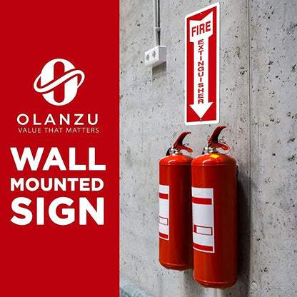 OLANZU Fire Extinguisher Signs For Business - Pack of 5 - Metal Fire Extinguisher Sign 4" x 12" Aluminum - UV Protected for Indoors & Outdoors