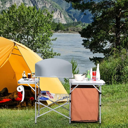 Giantex Folding Grill Table with 26'' Tabletop and Detachable Windscreen, Aluminum Portable Camp Cook Station Carry Bag Quick Set-up, BBQ Camping Picnic Backyard Outdoor Camping Kitchen Table (Brown)
