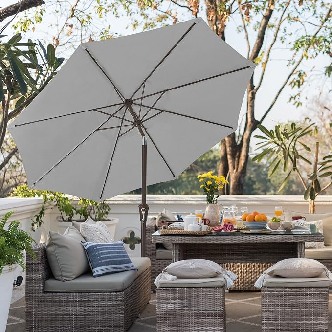 JEAREY 9FT Outdoor Patio Umbrella, Market Umbrella, Light Gray | Outdoor Table Umbrellas with 8 Sturdy， Tilt & Crank UV Protection Waterproof for Garden, Deck, Backyard, Pool