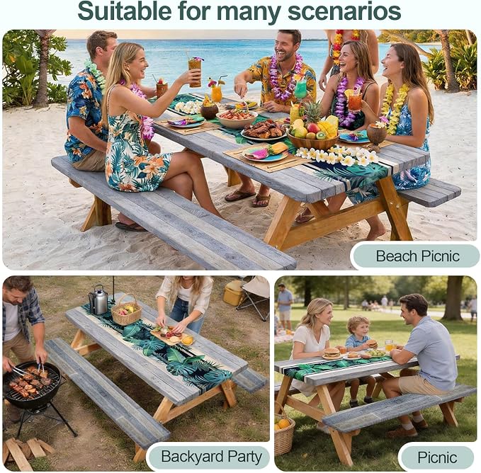 Picnic Table Cover Bench Covers Camping Essentials Tablecloth | Waterproof Vinyl for Outdoor, Windproof Elastic Fitted Edges, RV BBQ Accessories Must Haves, Storage Bag Included