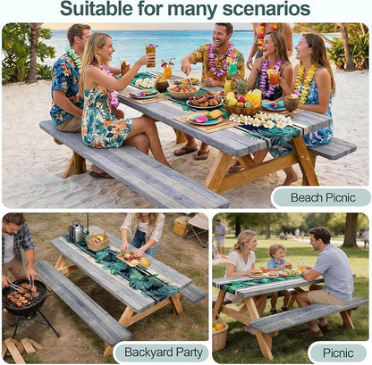 Picnic Table Cover Bench Covers Camping Essentials Tablecloth | Waterproof Vinyl for Outdoor, Windproof Elastic Fitted Edges, RV BBQ Accessories Must Haves, Storage Bag Included