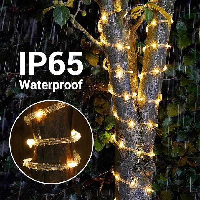 Jnaurb Solar Rope Lights, 66ft 200LED Solar String Lights, 8 Modes Waterproof Solar Outdoor Light, Flexible Clear Trampoline Light for Garden Backyard Patio Deck Porch Pool Tree Decor - Warm White