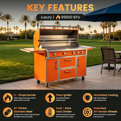 49" Stainless Steel Propane Gas Grill, 4 Burners & Infrared Burner, Orange | 304 Stainless Steel Grill 99,000 BTU Garden & Outdoor Cooking Professional-grade performance Easy ignition Warming rack