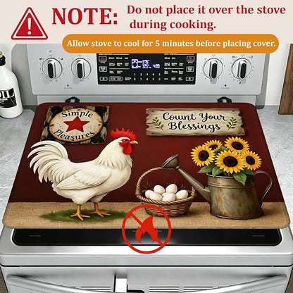 Farmhouse Rooster Glass Top Stove Cover Protector,Rustic Sunflower Heat Resistant Stove Top Cover, Large Size Range Covers for Electric Stove Countertop Mat, 28 x 20 Inch