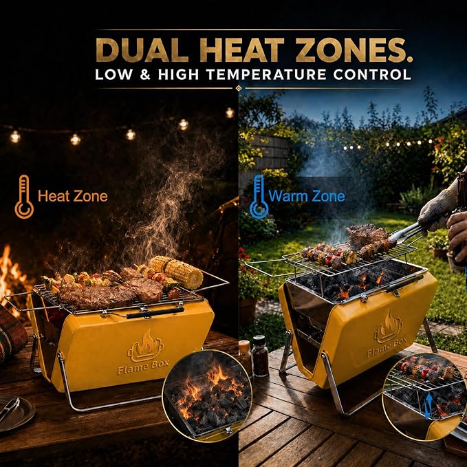 Ranger Portable Charcoal Grill – Compact Lunchbox‑Style Folding BBQ for Camping & Beach| Dual‑Zone Heating, Stainless Steel Body, 3-sec Setup, Includes Tong & Cleaning Brush, Serve 2-3 people