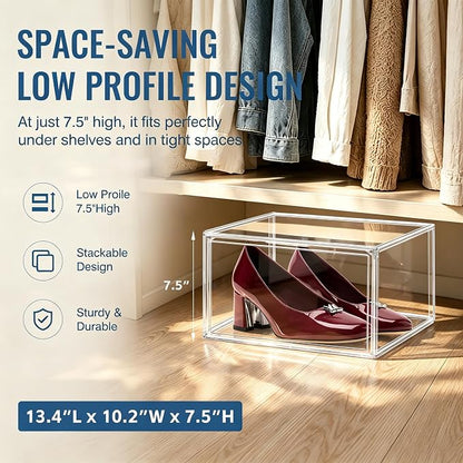 Low Profile Clear Shoe Storage Box for Flats,Loafers &Small Spaces | Space-saving 7.6-inch height fits under shelves &cabinets.Ideal for flats,loafers,slip-ons&compact living.1 Pack Fit Size 12