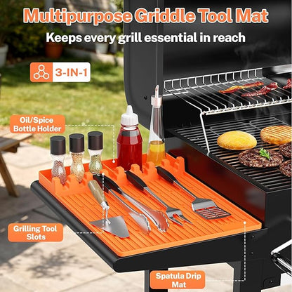 Silicone Grill Mats for Outdoor Grill - Heat Resistant Griddle Mat for BBQ Tools & Griddle Accessories, Easy to Clean Reusable Side Shelf Pad for Cooking, Grilling, Kitchen Counter (Orange)